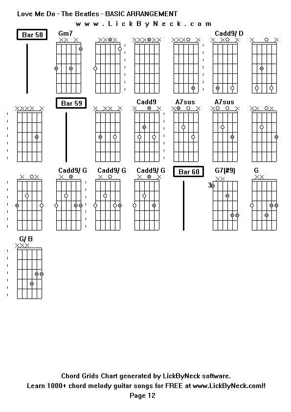 Chord Grids Chart of chord melody fingerstyle guitar song-Love Me Do - The Beatles - BASIC ARRANGEMENT,generated by LickByNeck software.